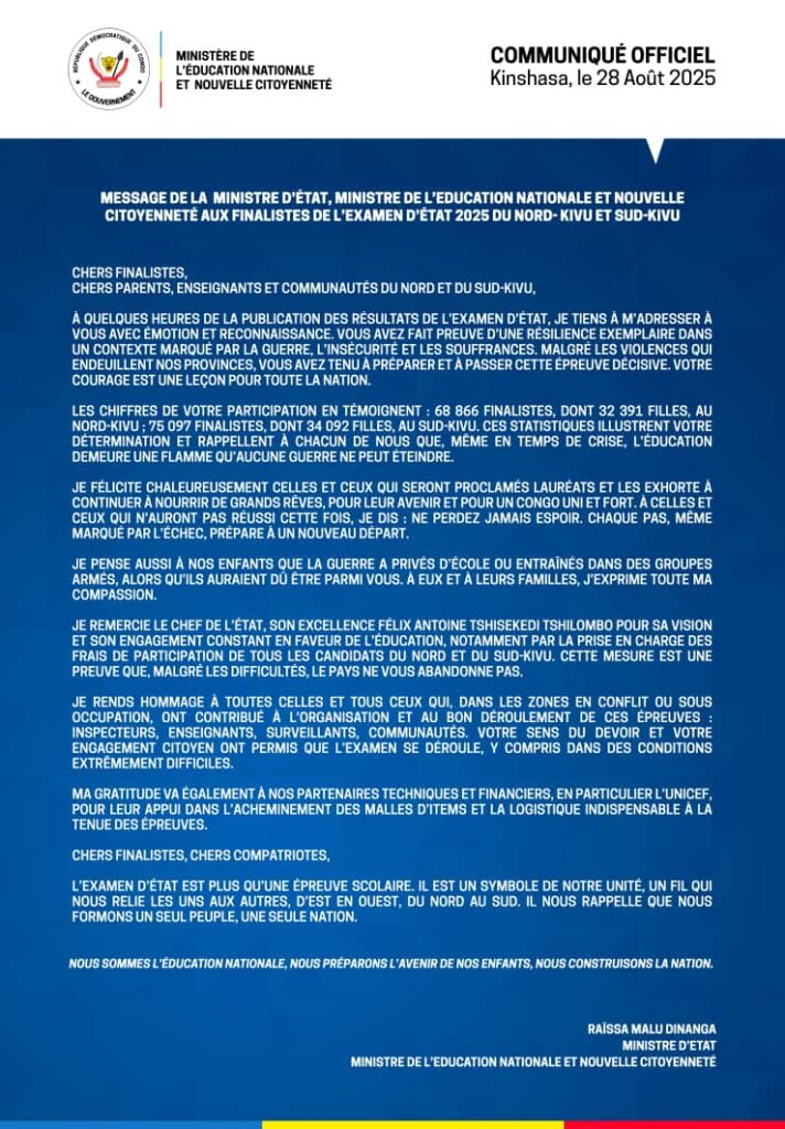 Kivu : la ministre Raïssa Malu salue la force des élèves face à la guerre 3 IMG 20250828 WA0065