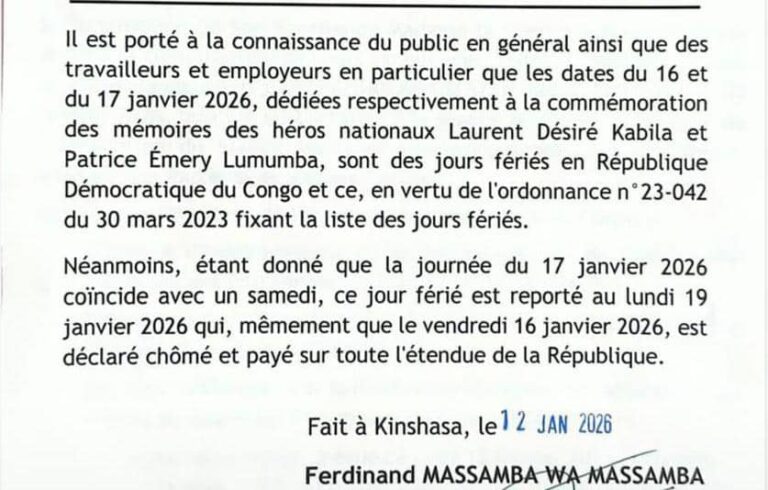 RDC : Le jour férié du 17 janvier observé le lundi suivant