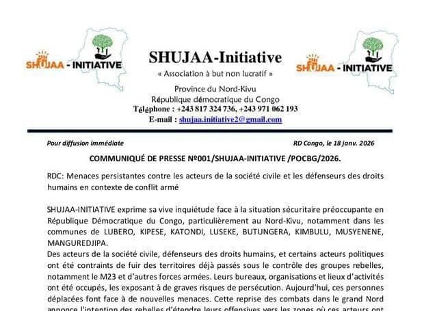Nord-Kivu : SHUJAA-Initiative alerte sur des menaces persistantes contre les défenseurs des droits humains