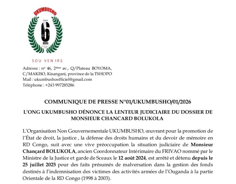 Kisangani : l’ONG Ukumbusho dénonce la lenteur judiciaire dans le dossier Chançard Bolukola