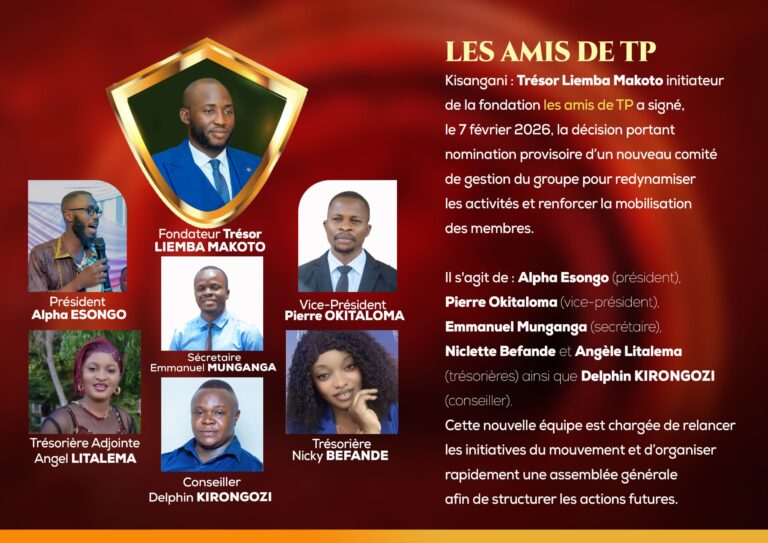 Kisangani : Un nouveau comité provisoire désigné au sein des « Amis de TP »