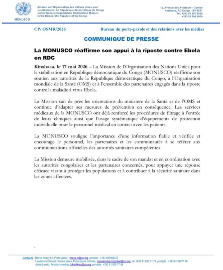 Ebola en RDC : la MONUSCO renforce son soutien aux autorités congolaises face à l’urgence sanitaire 3 691b9e35 6314 4745 8cd5 6901f3711aec
