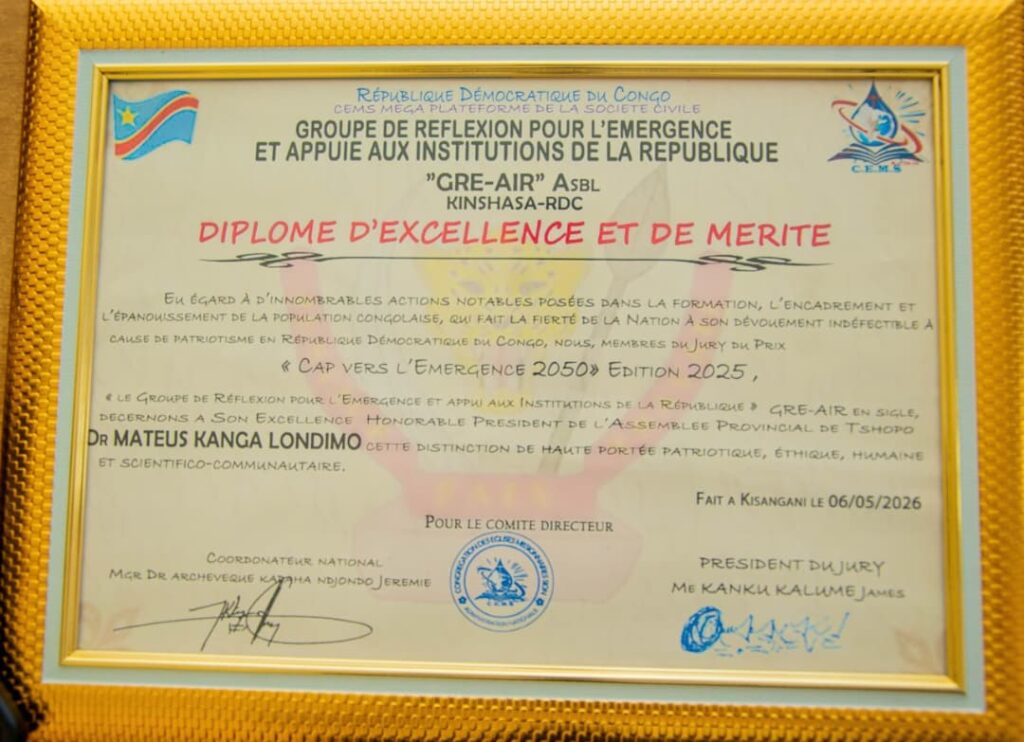 Tshopo : le président de l’Assemblée provinciale Mateus Kanga honoré pour son engagement patriotique 4 918313