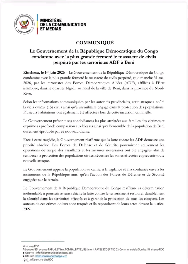 Beni : le gouvernement condamne le massacre de Ngadi et promet une traque sans relâche des terroristes ADF 3 1029210