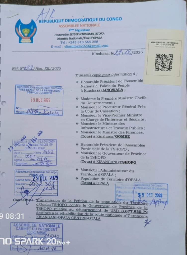 Tshopo : 3,6 millions USD pour la route Kisangani–Opala, la députée Elysée Ichwama exige des explications sur l’utilisation des fonds 3 1066941