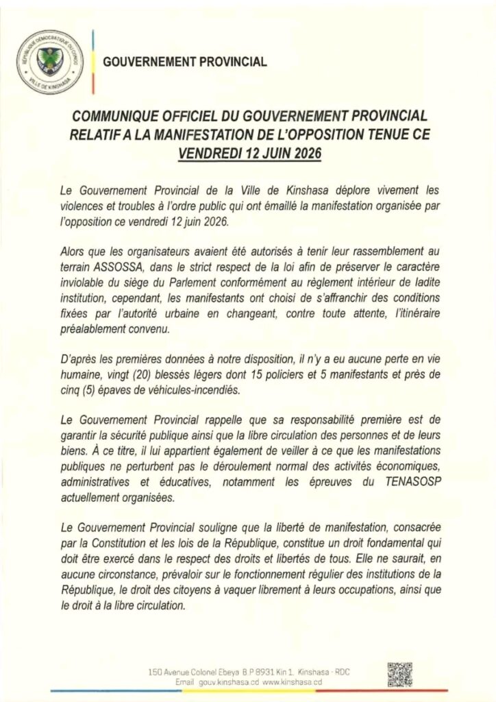Sit-in de l’opposition à Kinshasa : le gouvernement provincial défend l’action de la police et dénonce des actes de provocation 3 1085846