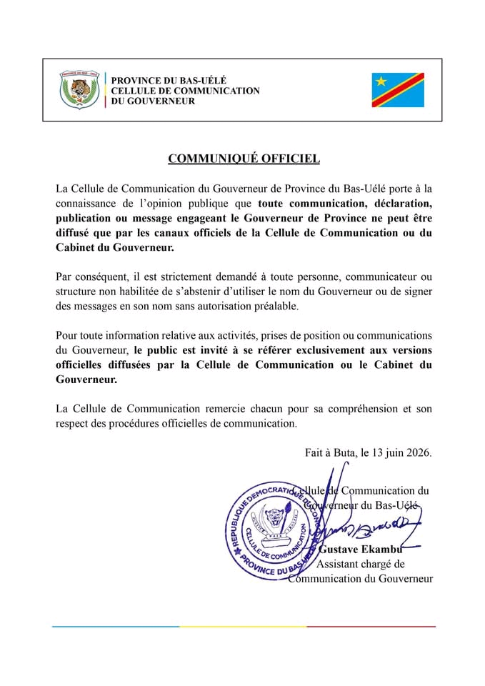 Bas-Uélé : le gouvernorat met en garde contre toute communication non autorisée au nom du gouverneur 3 1088304