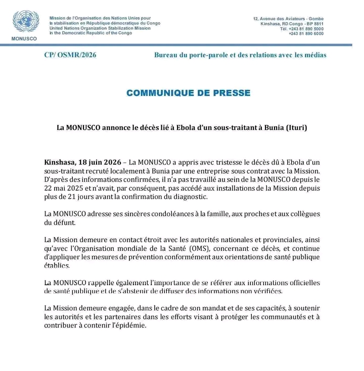 Ituri : un sous-traitant de la Monusco testé positif à Ebola décède à Bunia 3 1120643
