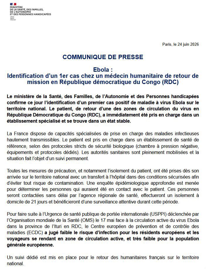 Ebola : la France confirme un premier cas chez un médecin humanitaire revenu de mission en RDC 3 1154736