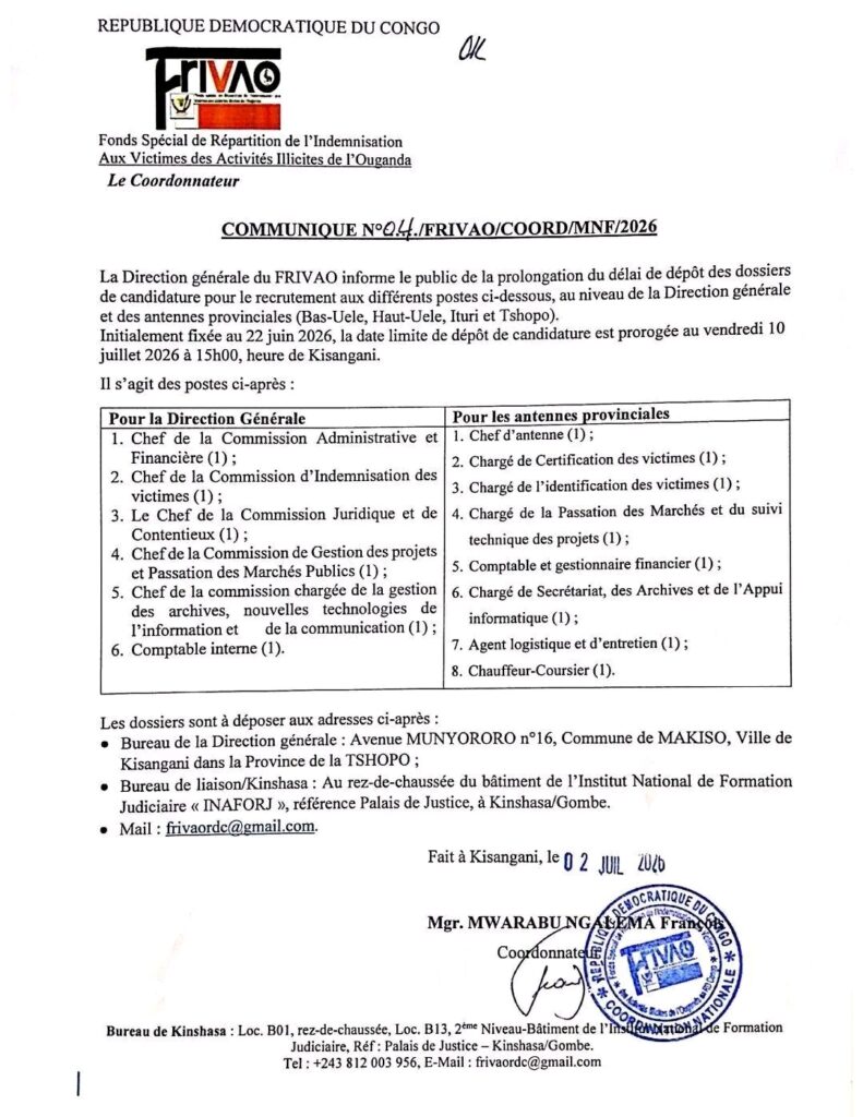 Kisangani : le FRIVAO accorde un nouveau délai aux candidats pour plusieurs postes à la Direction générale et dans les provinces 3 1210470