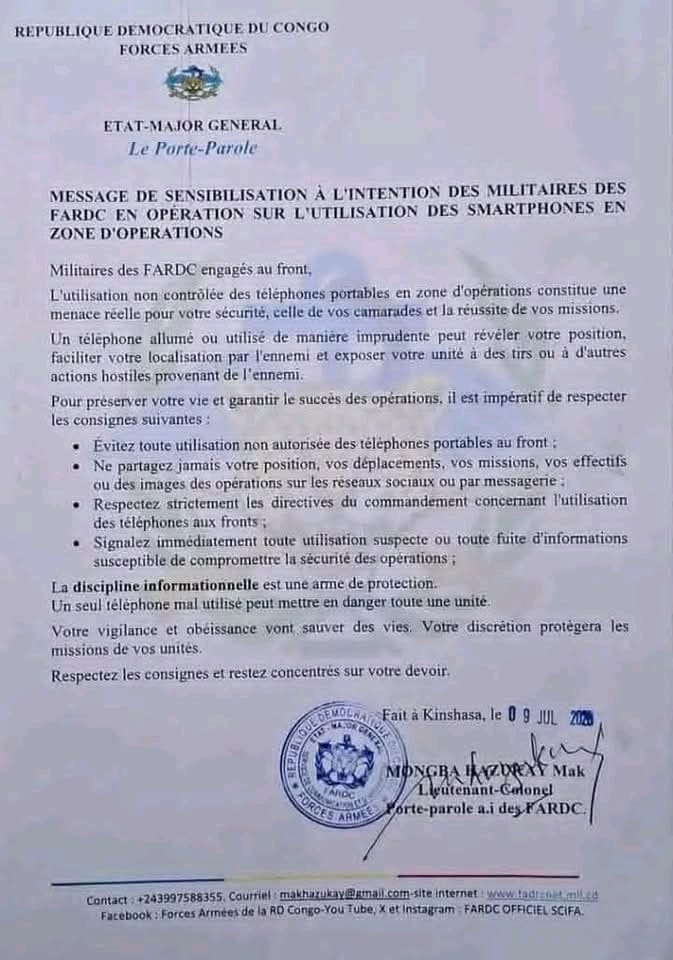 RDC : les FARDC mettent en garde les militaires déployés au front contre l'utilisation des smartphones en zone d'opérations 3 1246027