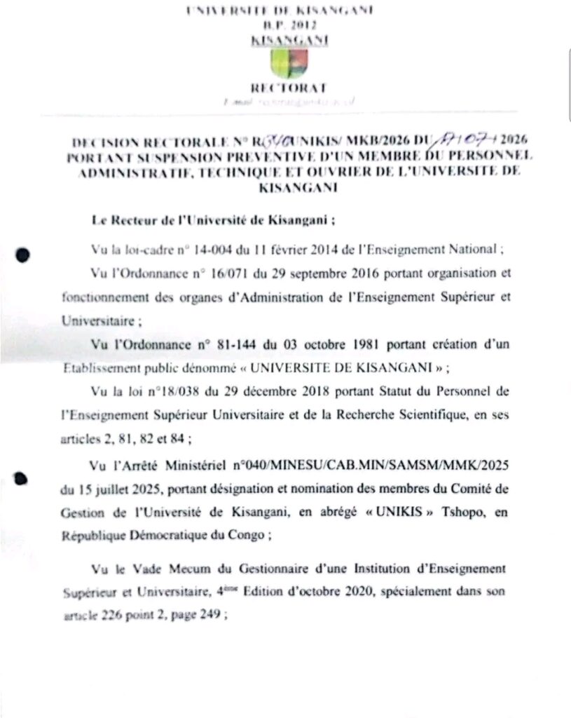 Université de Kisangani : Richard Ndaka Tambula suspendu après une vidéo virale et l'ouverture d'une procédure disciplinaire 3 1293770