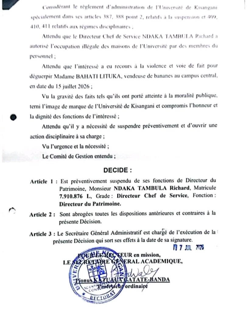 Université de Kisangani : Richard Ndaka Tambula suspendu après une vidéo virale et l'ouverture d'une procédure disciplinaire 4 1293771 2